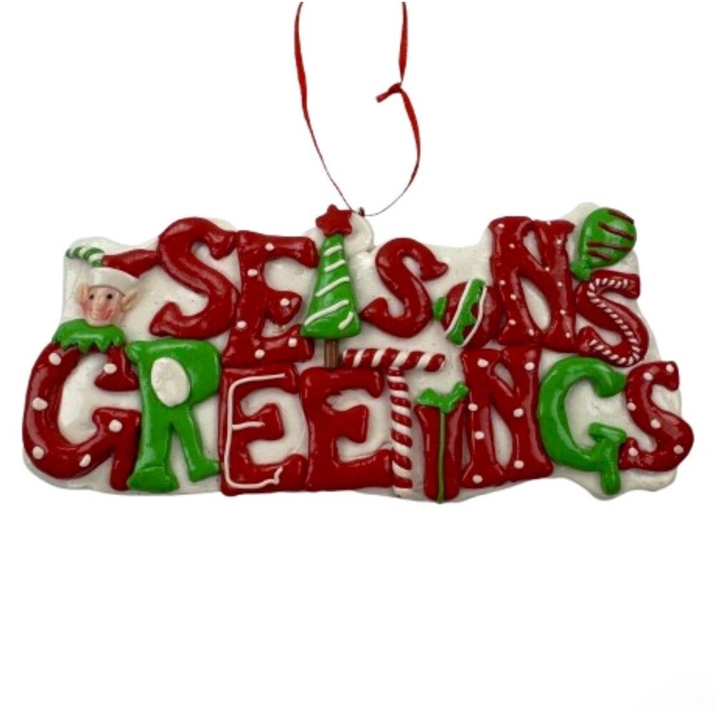 Season’s Greetings Christmas Ornament Elf Red Green Holiday Hanging Decor